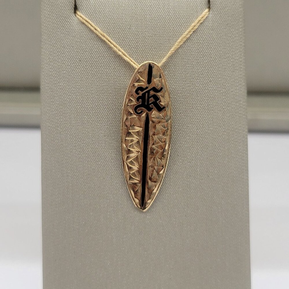 Surfboard Shaped Pendant with "K" Initial in Black Enamel, 14kt Yellow Gold
